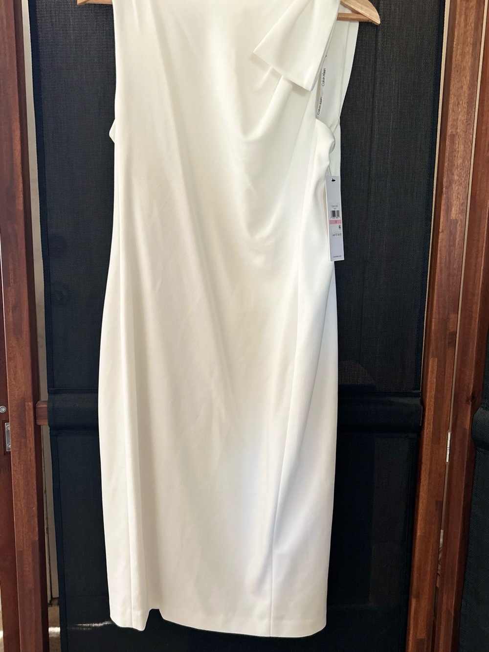 Calvin Klein White Midi Sheath Dress with Shoulder Tie